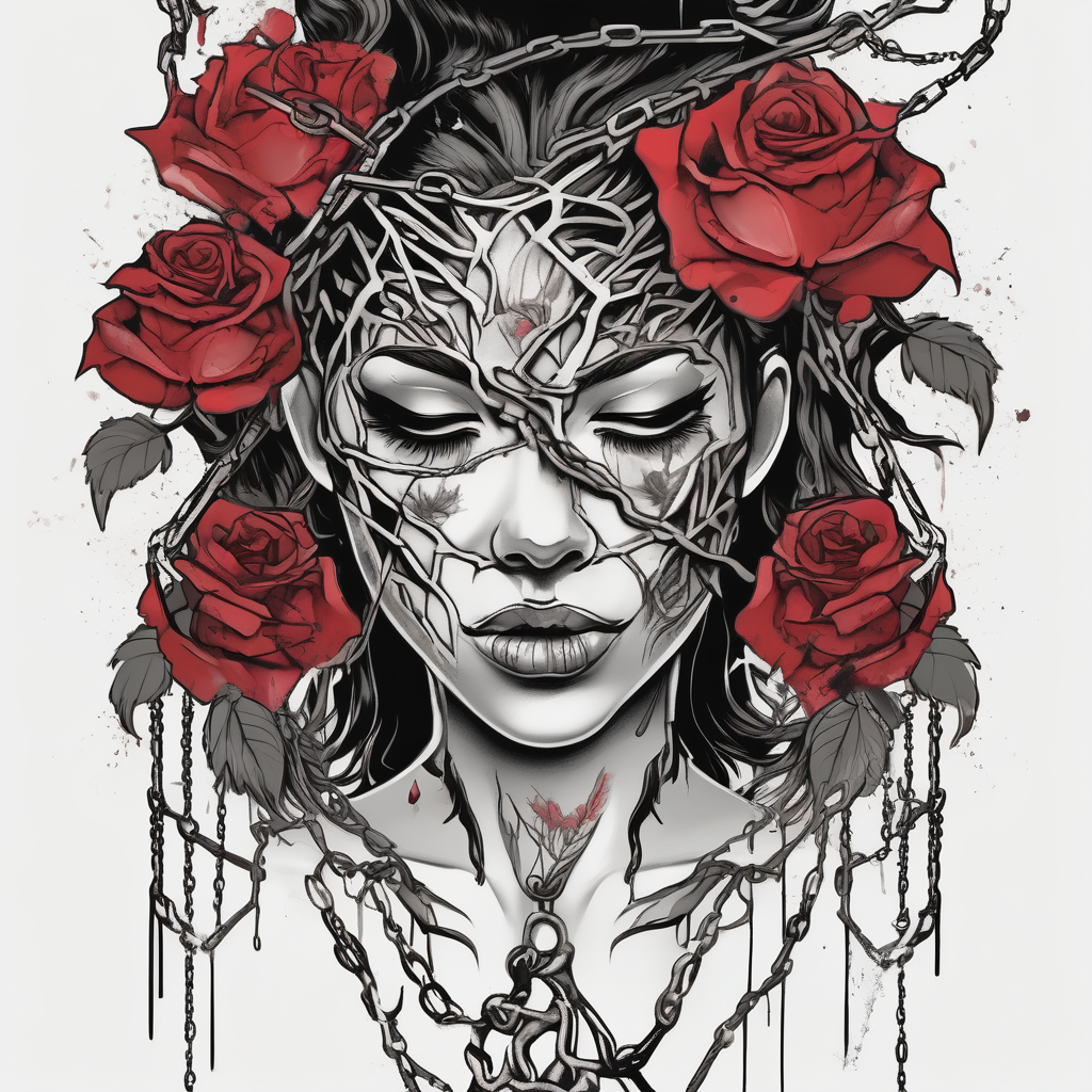 tattoo fool sleeve, tree roots break out of the chains, broken mask, girl, roses, medieval, dark castle drake tattoos, diseño de tatuaje Acuarela generado con IA